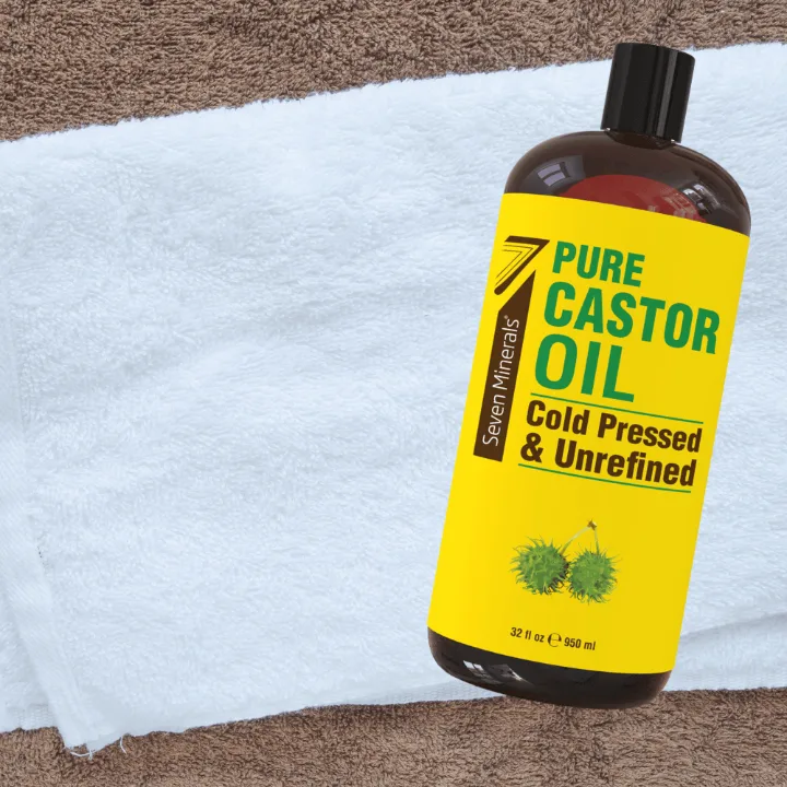 Seven Minerals castor oil with a towel for a castor oil pack
